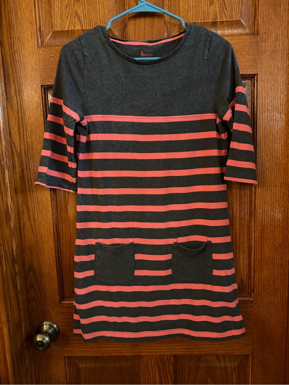 Boden Small 3/4 Sleeve Shirt Dress / Tunic Pullover Gray & Coral Striped